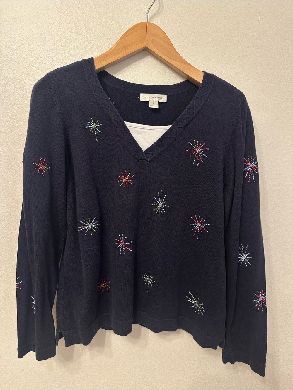 Christopher & Banks V-Neck Sweater with Starburst Embellishments Grannycore